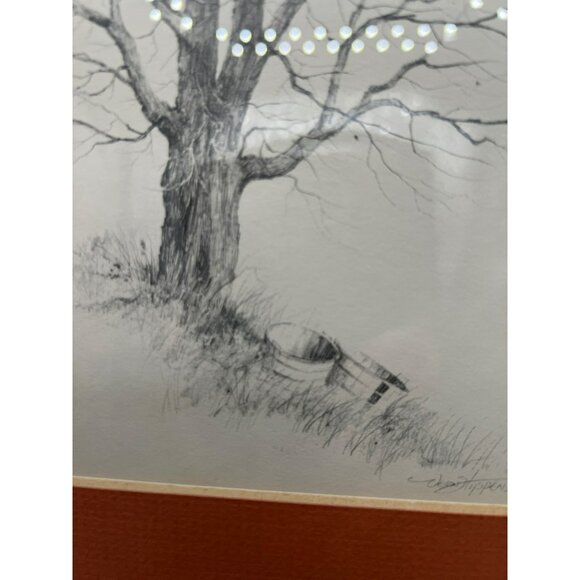 Artist Signed Original Graphite Landscape Vern Hippensteal Tree with Baskets Mat - Picture 12 of 13